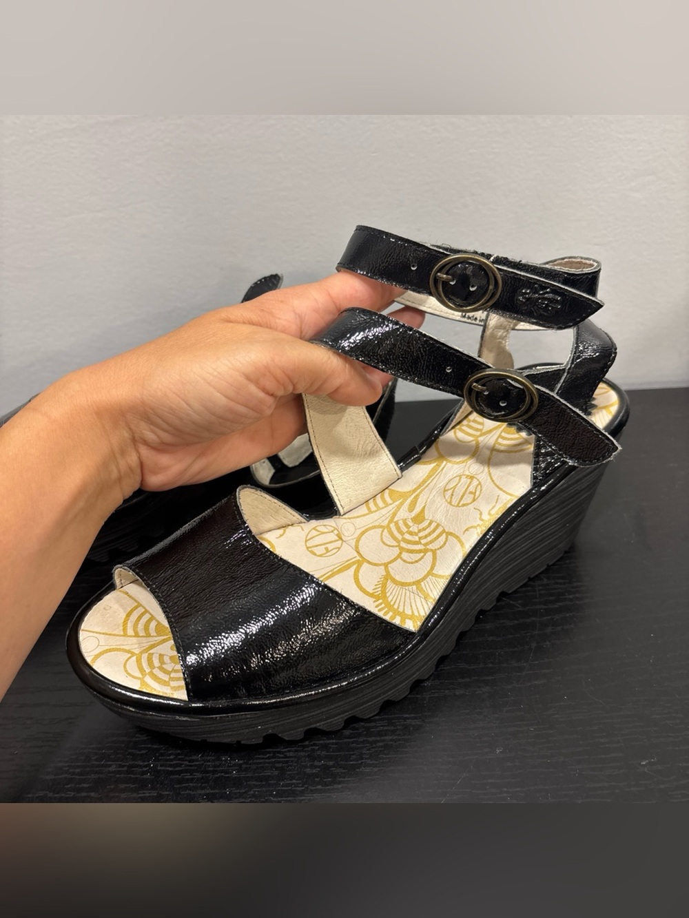 Fly London Black Patent Wedge Sandals with Double Buckle Straps Sz 8.5 /39 EUC